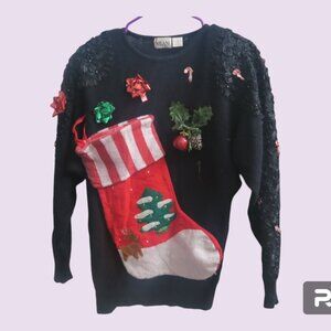 Nilani homemade ugly Christmas sweater with sleeve embroidery in black, red L